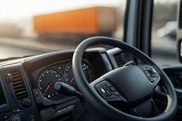 Fototapeta premium Dashboard closeup of a commercial truck highway photo urban environment driver's perspective transportation efficiency
