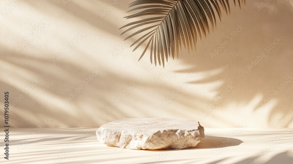 Poster 3d background featuring a stone pedestal on a natural palm leaf shadow against a soft beige backdrop