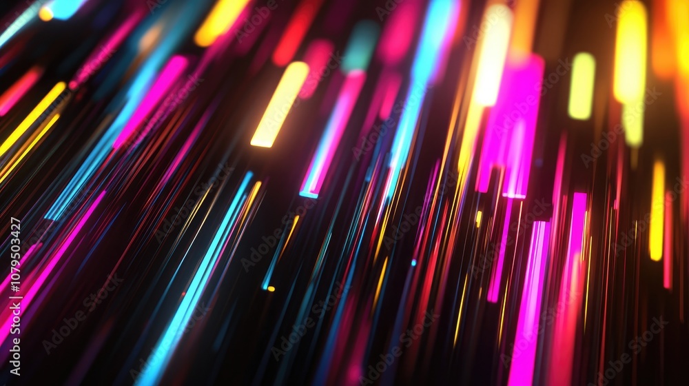 Poster Colored shiny lines on a black background in a 3D cartoon rendering