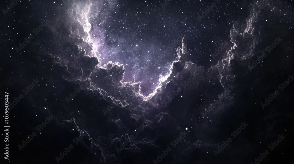 Poster Beautiful nebula in space with bright stars and clouds depicted in a 3D cartoon rendering