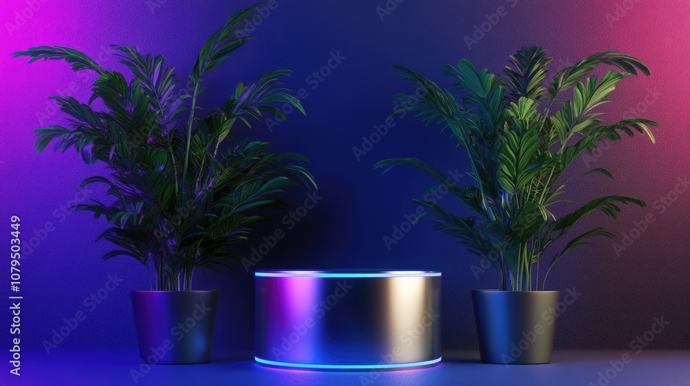 Poster Isolated metallic icon on a podium surrounded by three plants in vibrant multi colored lighting Orthogonal projection 3D render