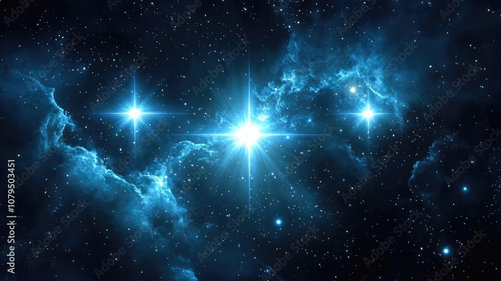 Aufkleber bright stars in a deep space represented in 3d cartoon rendering blue cold nebula against a dark nig