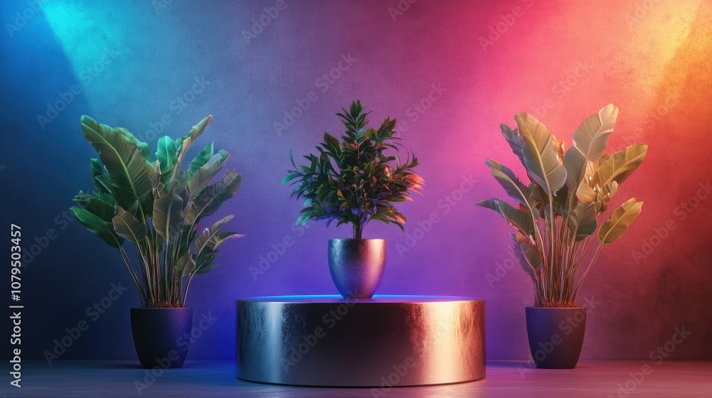 Poster isolated metal icon on a podium surrounded by three plants with multi colored lighting orthogonal pr