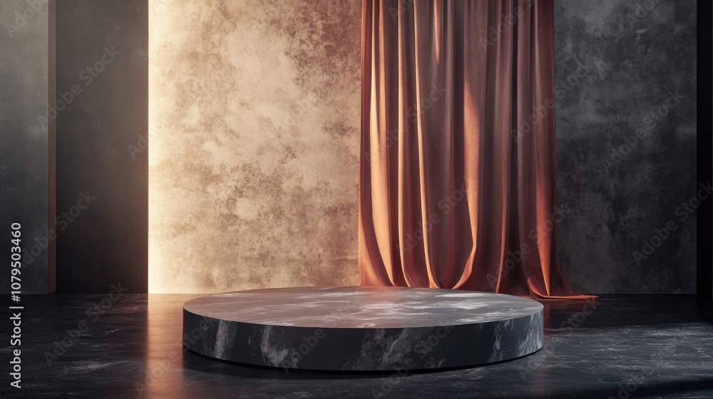 Leinwandbilder 3d rendering of a podium with a curtain backdrop for product display