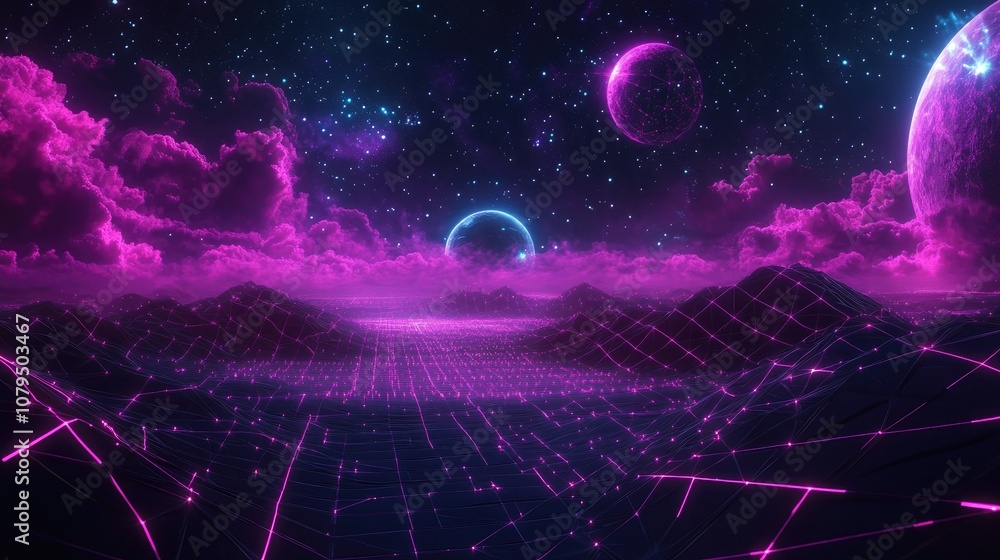 Poster Abstract landscape in a dark background featuring a 3D cartoon rendering of a cyberspace grid and a hi tech network with a starry outer space texture