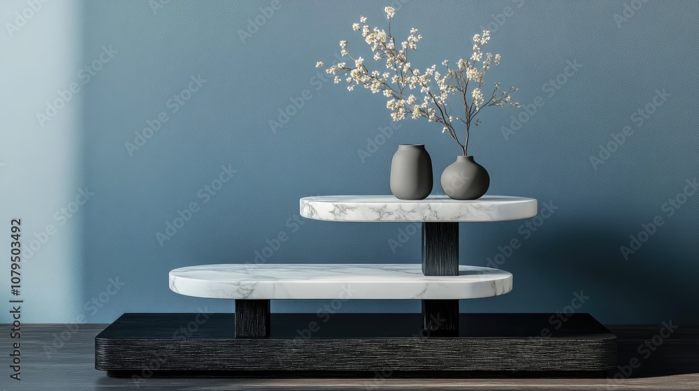 Aufkleber two tier product display stand crafted from white marble and black wood featuring ample copy space f