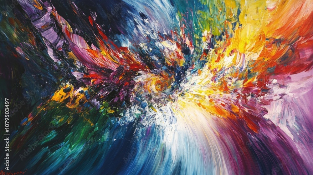 Poster colorful abstract painting with vibrant hues showcasing a dynamic blend of shapes and textures creat