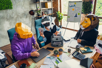 Portrait of pgorilla lion sloth zebra raccoon mask business people conference money count machine...