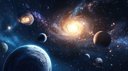 3D cartoon depiction of planets and galaxy in outer space