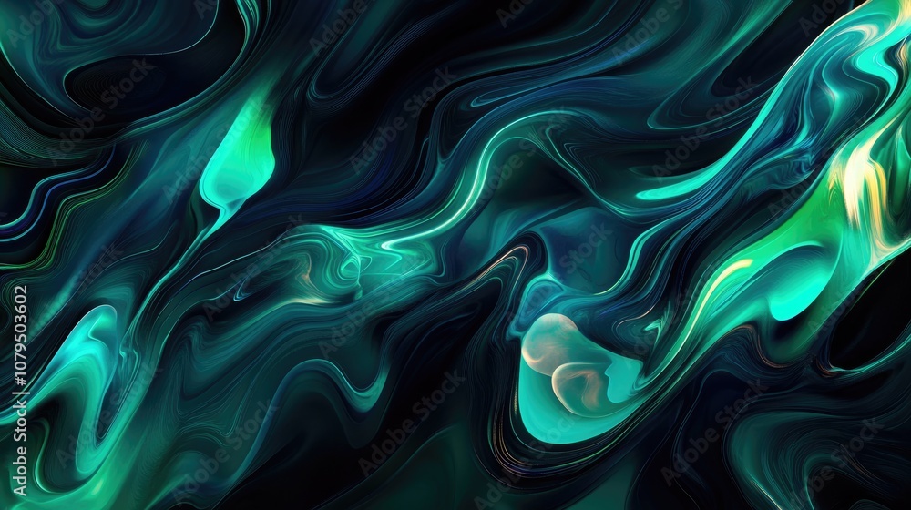 Poster Abstract semi chaotic gradient of green and blue shapes with energy lines and flows in a 3D cartoon rendering enhanced by colorful highlights against a moody background Creative visual for upcomin