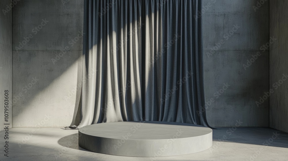 Poster 3D rendering of a podium with a curtain backdrop for product display
