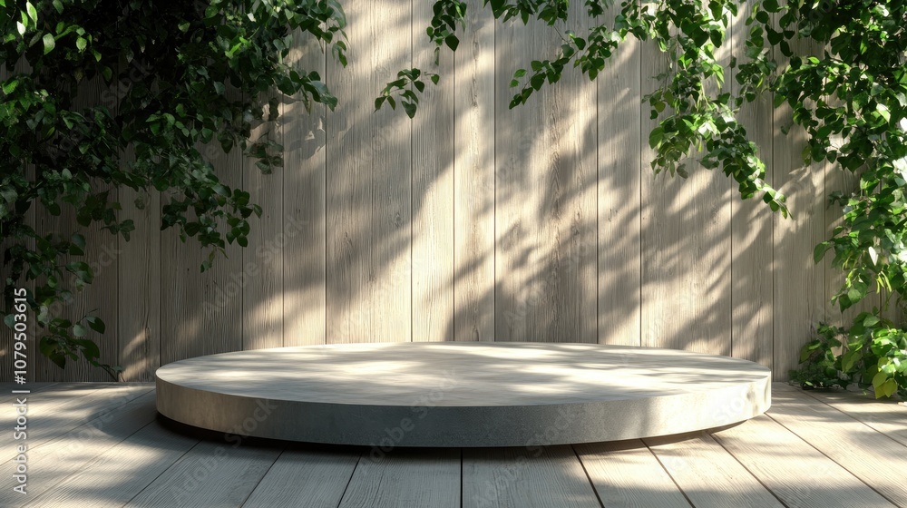 Aufkleber wooden platform with terrazzo surface featuring shaded trees and ivy against a wooden backdrop abstr