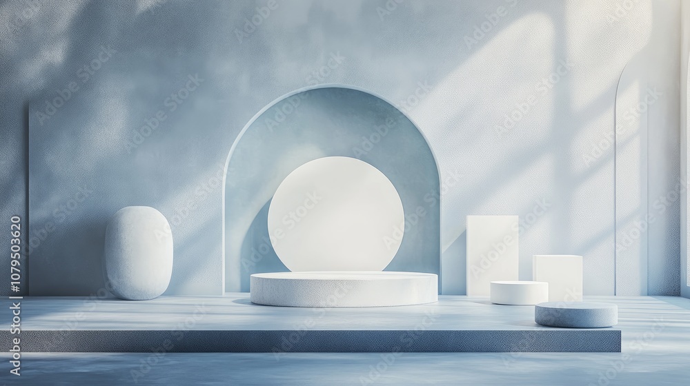 Aufkleber 3D rendering of a themed background showcasing diverse shapes with a floating concept Exhibition scene displaying various simple shapes and an empty podium for product showcasing