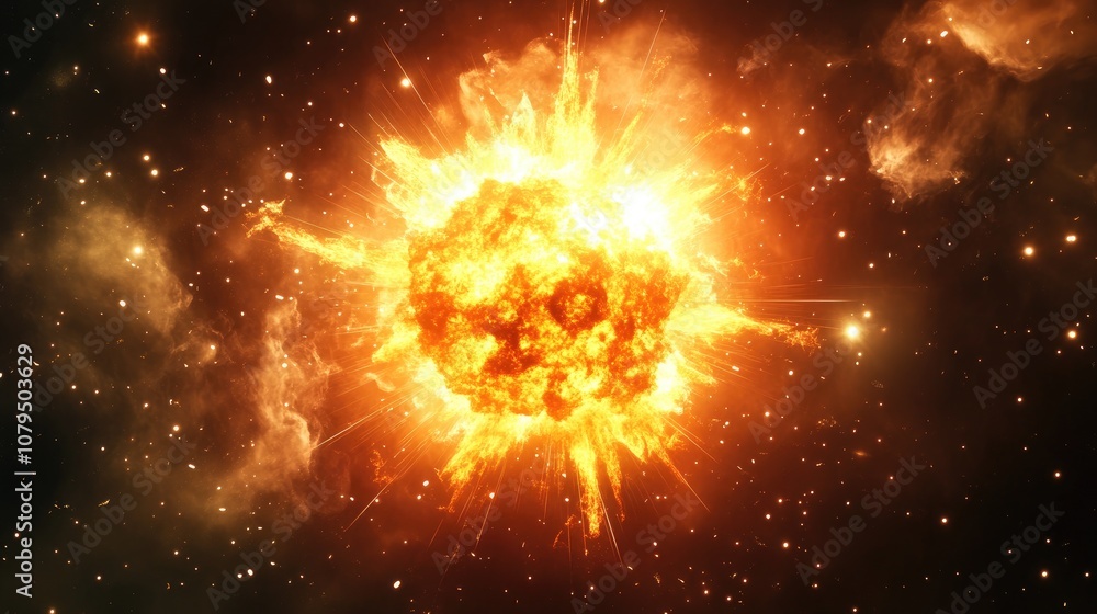 Aufkleber Cartoon rendering in 3D of an explosion supernova a bright star nebula a distant galaxy and abstract New Year fireworks