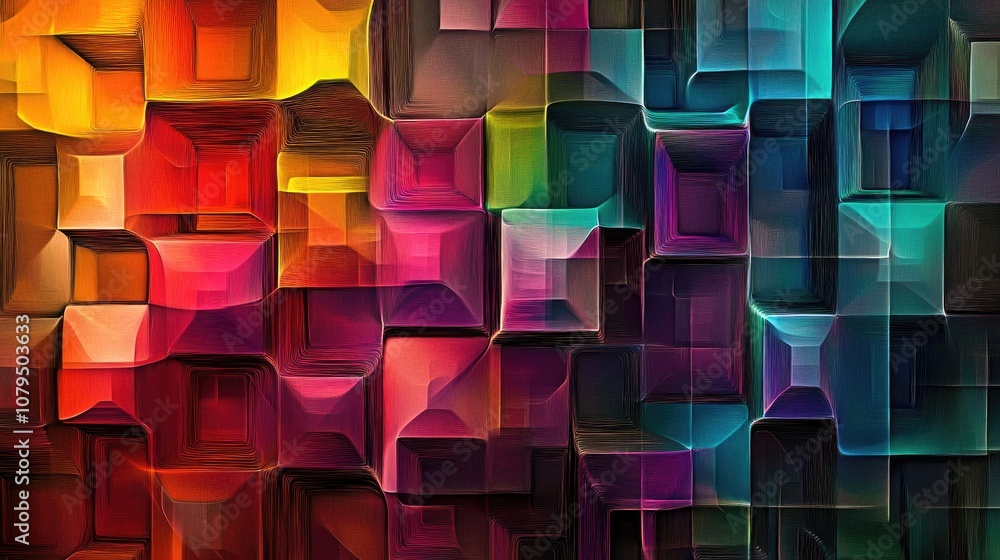 Poster Extruded abstract fractal background featuring a 3D cartoon rendering Modern art painting with futuristic wavy fractal elements Trendy desktop wallpaper showcasing colorful 3D rendered cubes and s