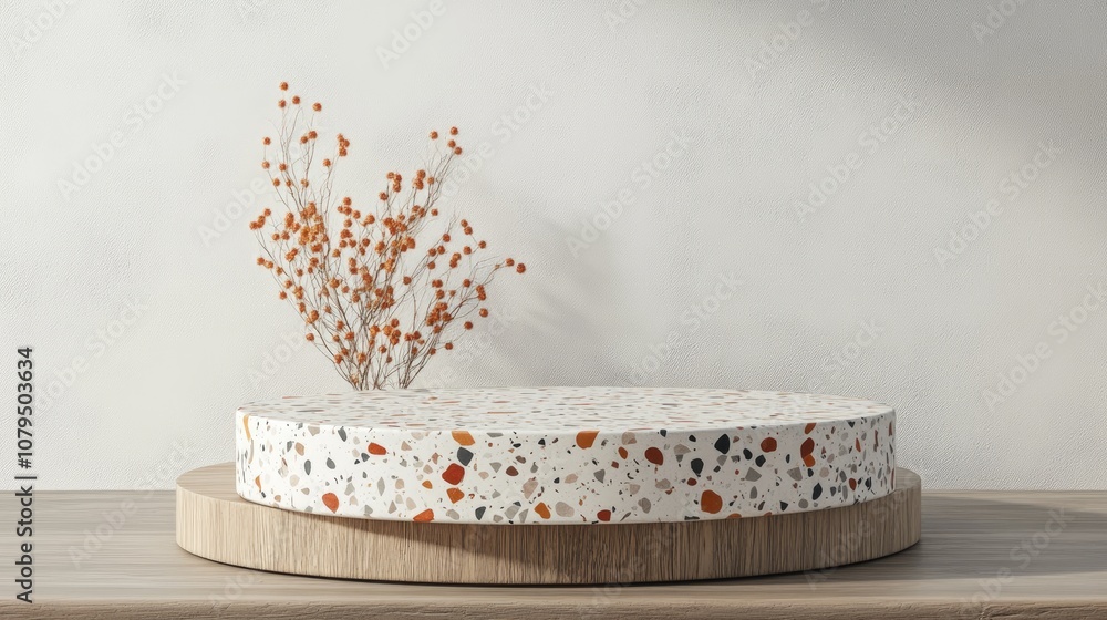 Poster 3D terrazzo display podium on a wooden table with a white background 3D rendering of a product showcase 3D illustration