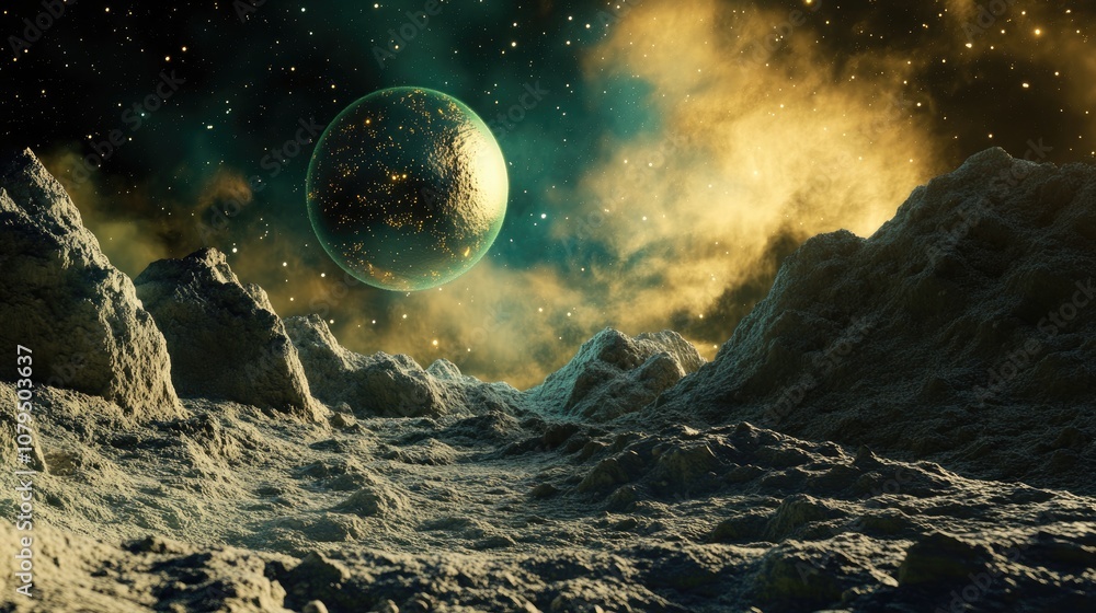 Aufkleber cosmic landscape featuring a nebula in a 3d cartoon rendering