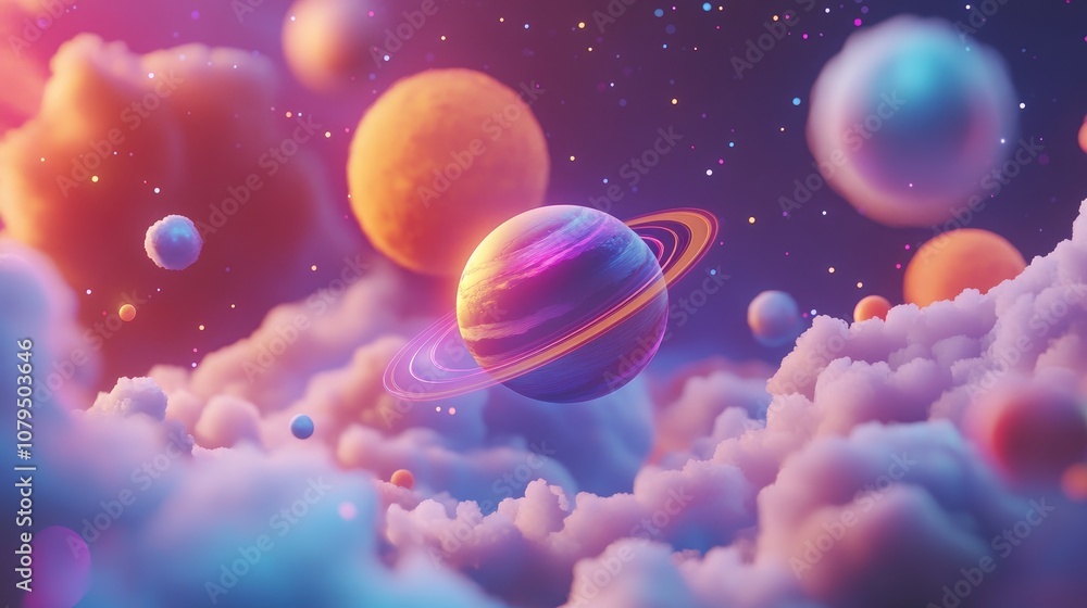 Poster 3d cartoon depiction of a galaxy background with a planet in space