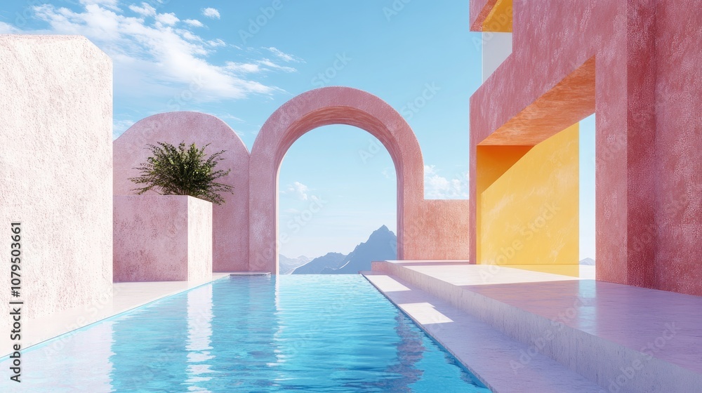 Poster Abstract composition featuring geometric shapes an archway and a swimming pool under natural daylight in a minimal 3D landscape setting