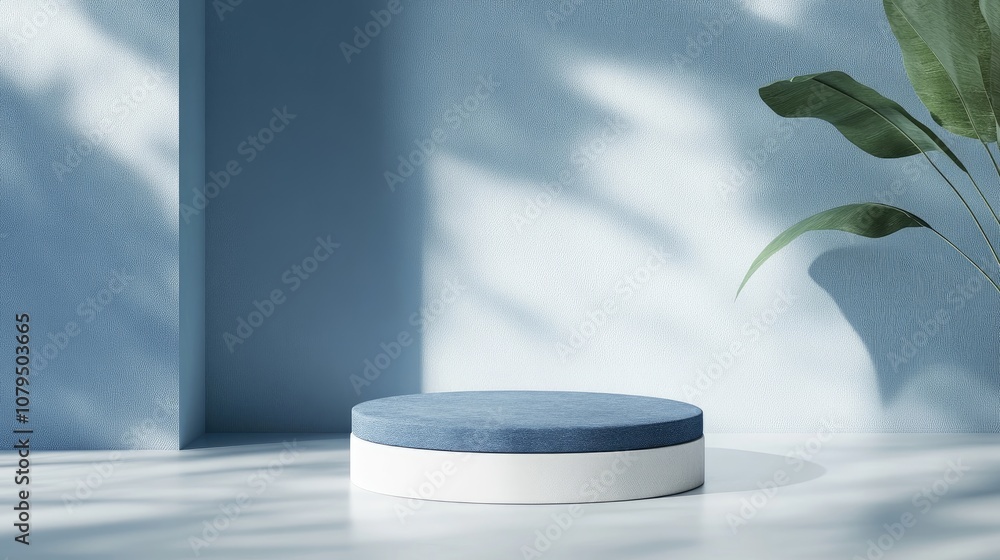 Poster 3d rendering of a blue and white product podium mockup against a minimal abstract backdrop