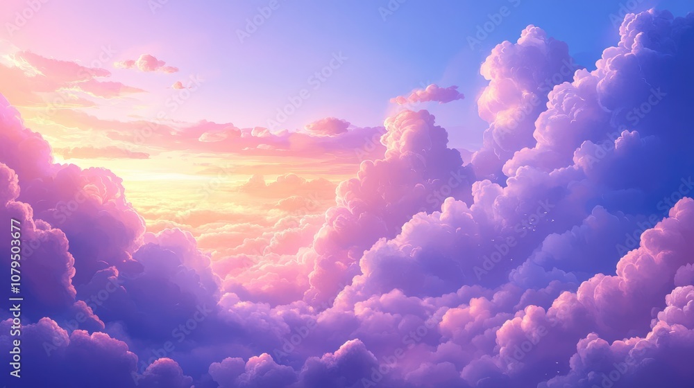 Poster Beautiful sky and clouds background image in 3D cartoon rendering