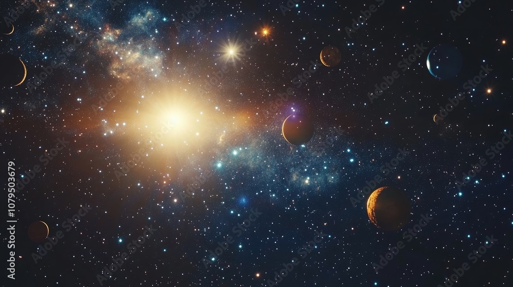 Poster 2d illustration featuring a 3d cartoon rendering of a deep vast space with bright stars planets and 