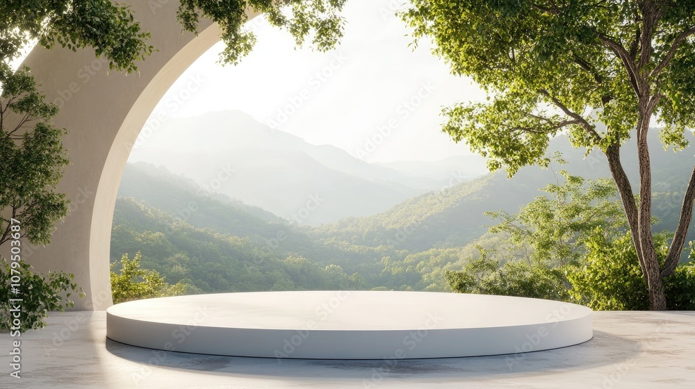 Leinwandbilder 3d rendering illustration of a blank podium display for product mockup with a natural backdrop