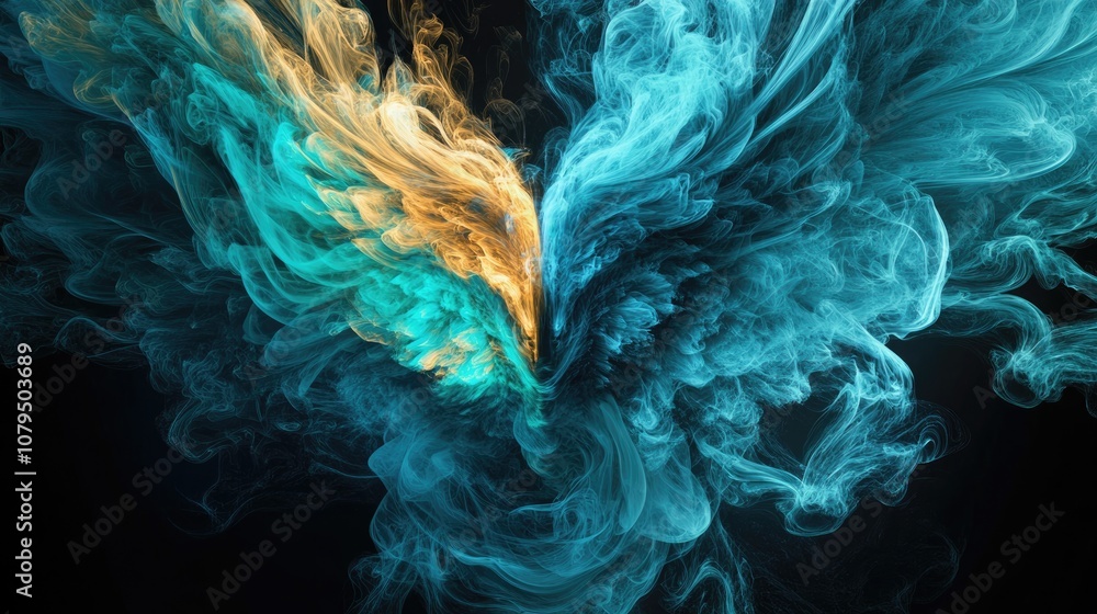 Poster Abstract pattern of colored smoke backlit in blue and turquoise forms the head of a mystical creature with wings in a 3D cartoon rendering against a black isolated background symbolizing soul and