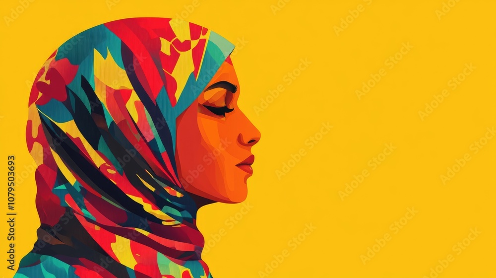 Poster stylized abstract geometric pattern featuring a vibrant yellow background and a hijab design element