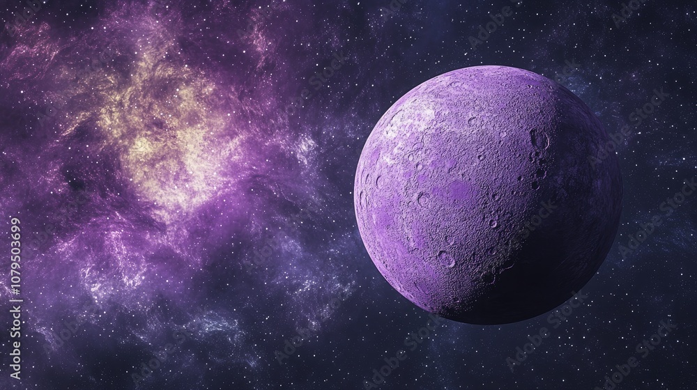 Poster Violet planet with a solid surface and craters in space featuring a beautiful cosmic background and a view from space in a 3D cartoon rendering