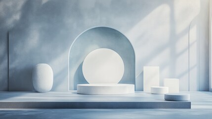 3D rendering of a themed background showcasing diverse shapes with a floating concept Exhibition scene displaying various simple shapes and an empty podium for product showcasing