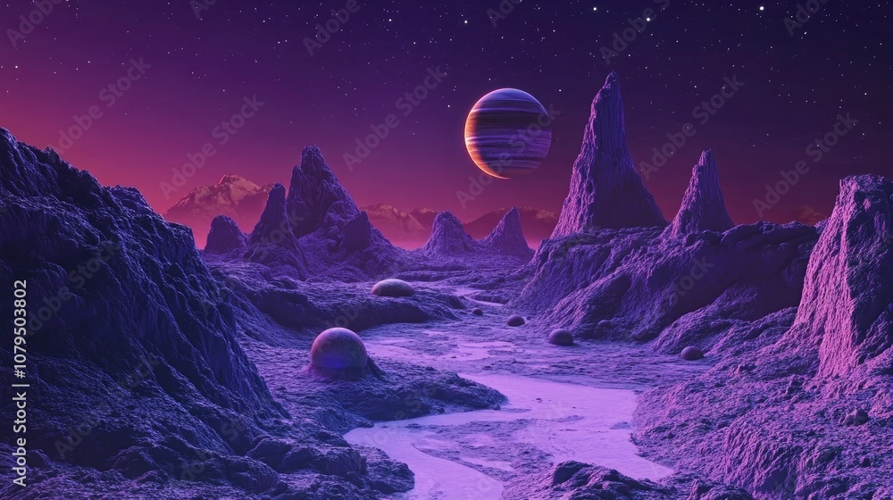 Poster Alien planet landscape in a 3D cartoon rendering featuring a science fiction illustration and a stunning view from a beautiful planet against a captivating space background