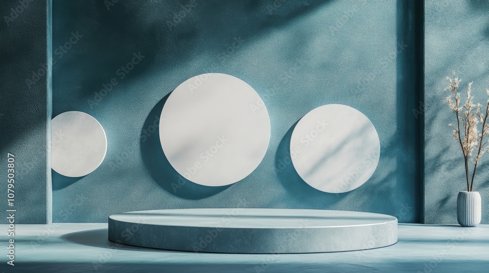 Poster minimalist creative podium display featuring circular geometric shapes on a blue green backdrop idea