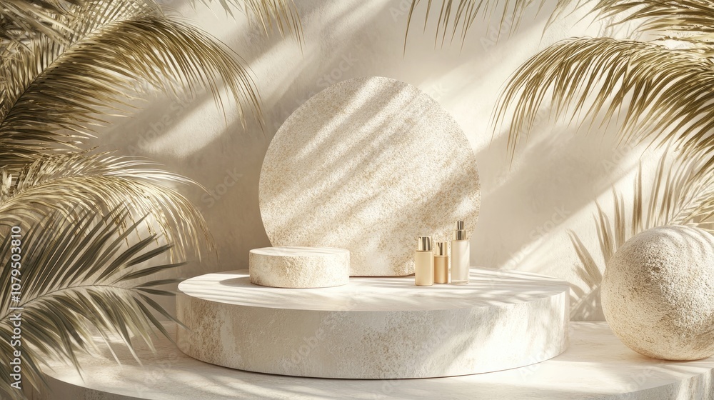 Aufkleber 3D rendering of a podium or display in a bohemian style Promotional stand featuring abstract shapes and palm leaves Soft pastel background for showcasing cosmetics and products