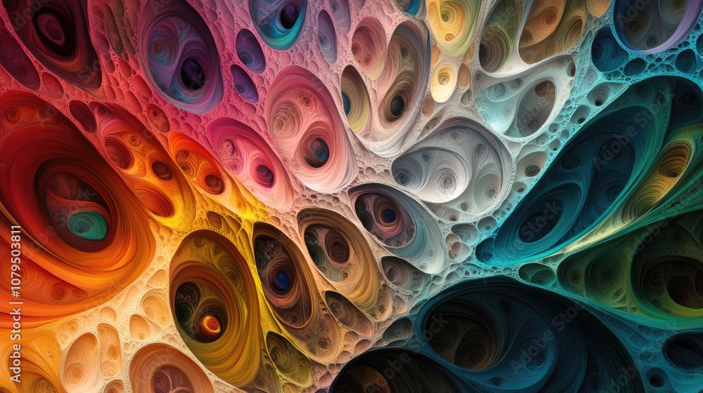 Poster vibrant and chaotic abstract fractal pattern colorful 3d rendered shapes creating a dynamic illustra