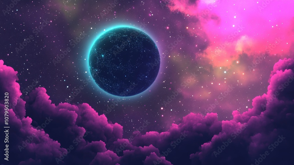 Poster colorful fractal nebula with planet in a 3d cartoon space background