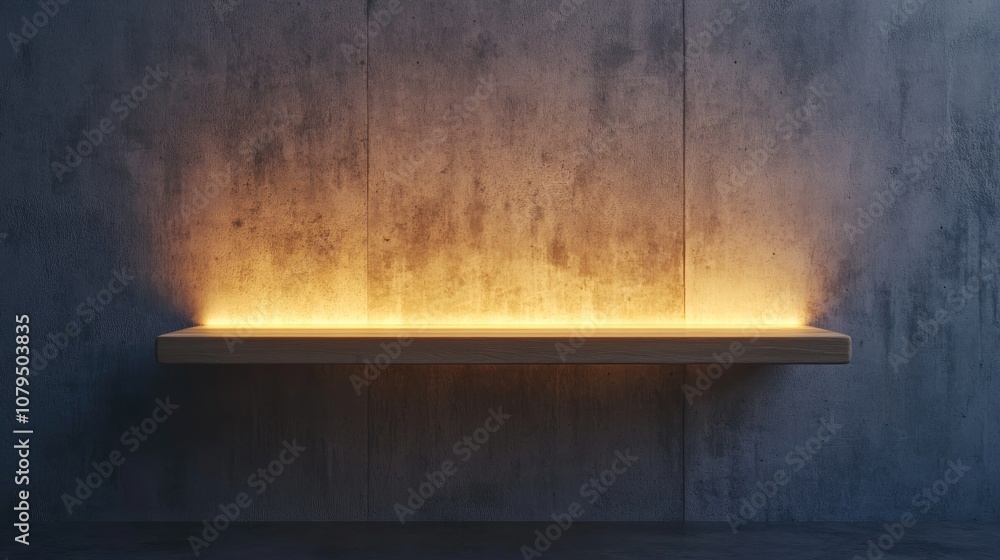Poster 3D render of a blank mockup on a concrete wall featuring a wooden shelf lit from the front in a perspective view