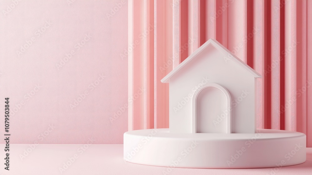 Poster 3D rendering and illustration of an abstract pastel color scene featuring a home model on a geometric podium representing the concept of staying at home during a pandemic