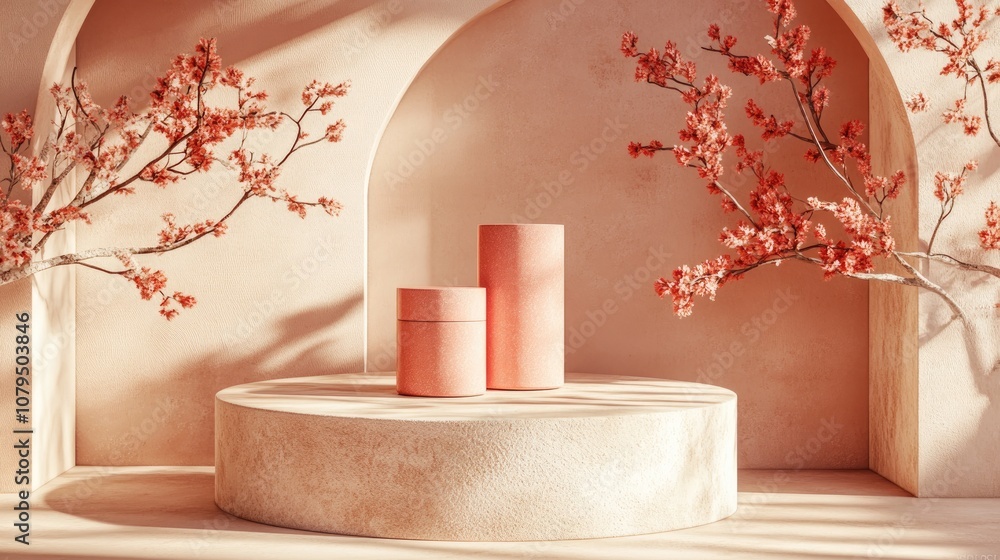 Poster coral podium 3d rendering abstract background for showcasing products empty coral cylinder platform 