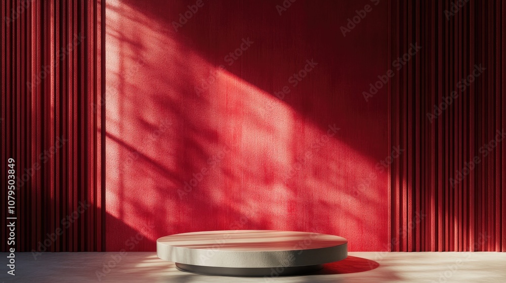 Poster cherry red wall backdrop featuring a podium minimalistic design 3d rendering