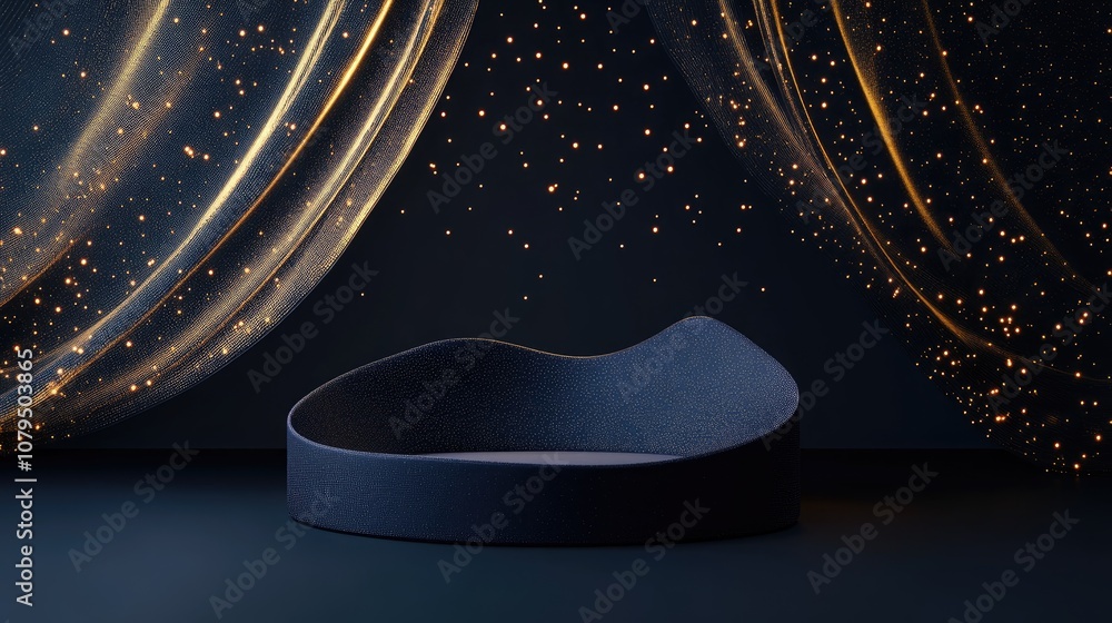 Aufkleber Dark blue 3D rendering of a luxurious display podium or stand on fabric featuring golden threads presented in a simple top down composition