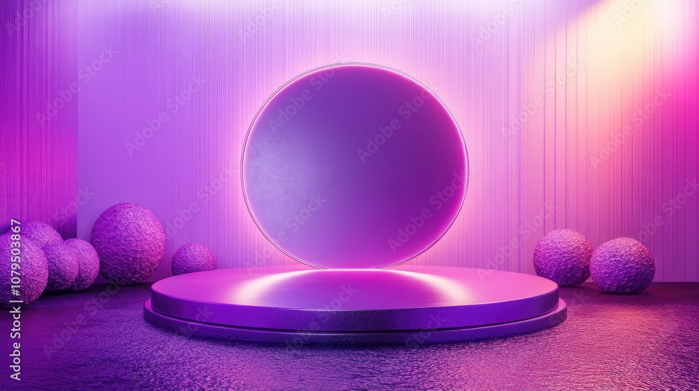 Aufkleber Glossy purple and pink podium with an abstract geometric background Circular platform designed for showcasing cosmetic products featuring a minimalist mock up scene and conceptual template 3D rend