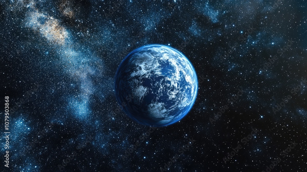 Poster 3d cartoon visualization of a blue planet within a starry cosmic space stunning perspective featurin