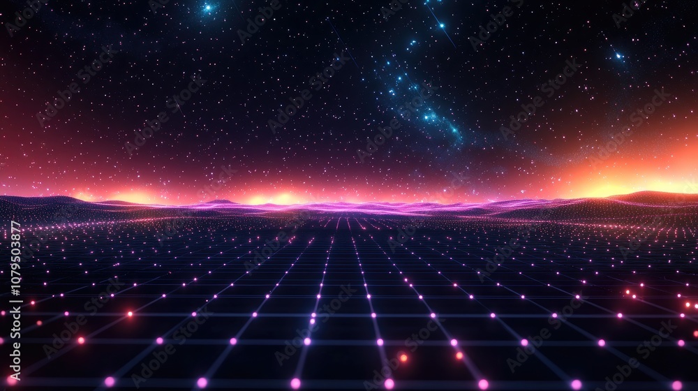 Poster Abstract landscape in a dark background with a star horizon featuring a cyberspace grid and hi tech network in a 3D cartoon rendering Starry outer space texture 3D illustration