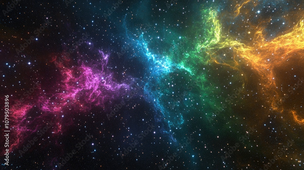 Poster vivid multicolored starfield showcasing deep space nebulae and clusters of stars creating an infinit