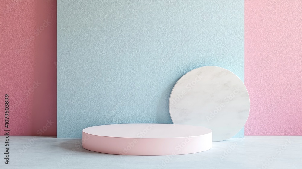 Poster 3D rendering of an abstract podium for product display and promotion Minimalist background with a sleek design Unoccupied pedestal for mock up purposes Blank stage featuring pastel hues for cosmet