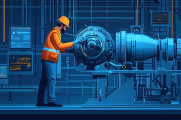 Engine maintenance action aviation workshop technical illustration industrial setting close-up perspective engineering concepts