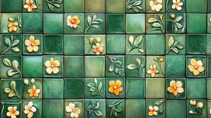 Abstract design featuring green tiles adorned with floral band patterns
