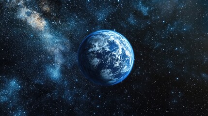 Obraz premium 3D cartoon visualization of a blue planet within a starry cosmic space Stunning perspective featuring the planet merging with the infinite night universe