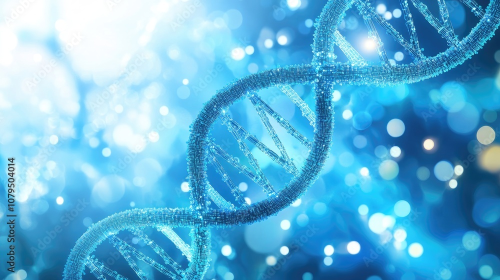 Poster 3d rendering of vibrant dna constructed from points and lines on a blue and cyan background represen